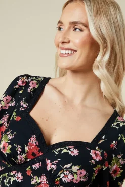 black ditsy floral lace front long sleeve blouse