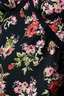 black ditsy floral lace front long sleeve blouse