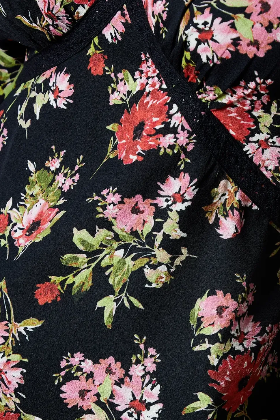 black ditsy floral lace front long sleeve blouse