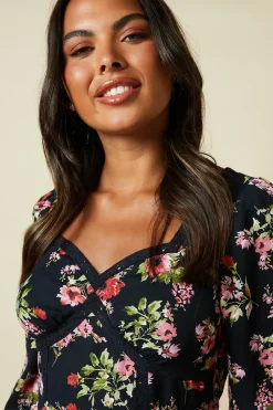 Black Ditsy Floral Lace front midi dress