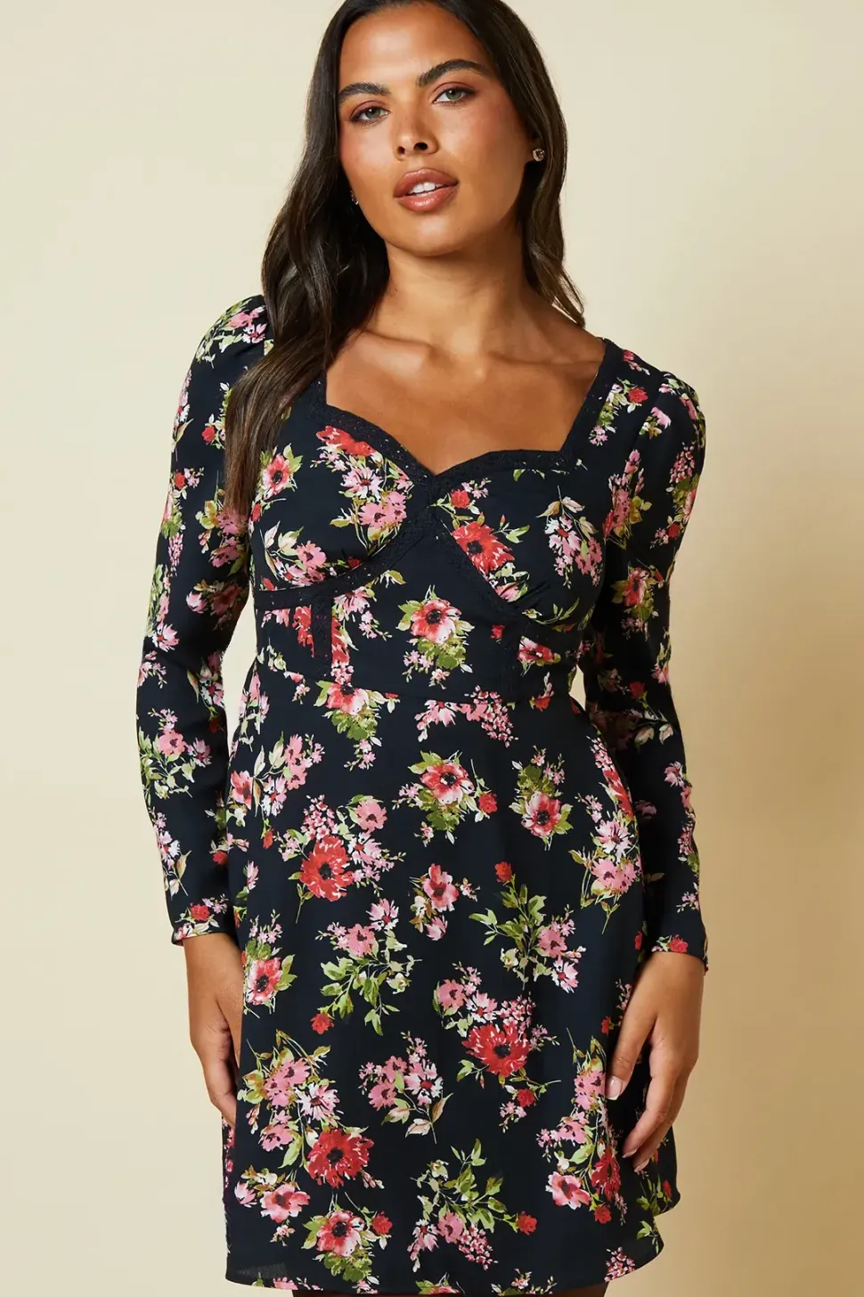 Black Ditsy Floral Lace front mini dress