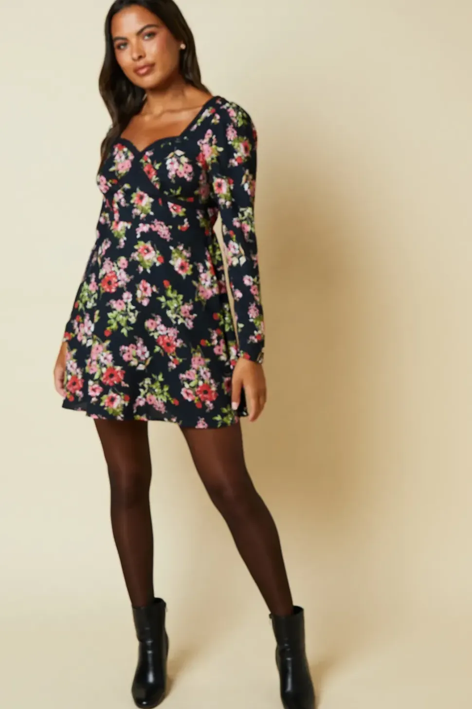 Black Ditsy Floral Lace front mini dress