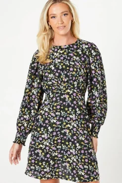 Black Ditsy Shirred Cuff Mini Dress