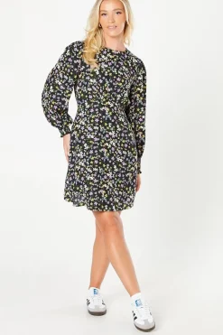 Black Ditsy Shirred Cuff Mini Dress