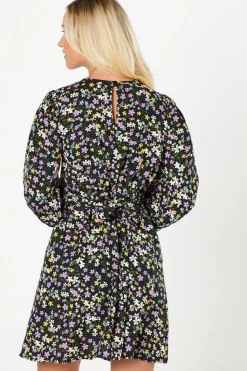 Black Ditsy Shirred Cuff Mini Dress