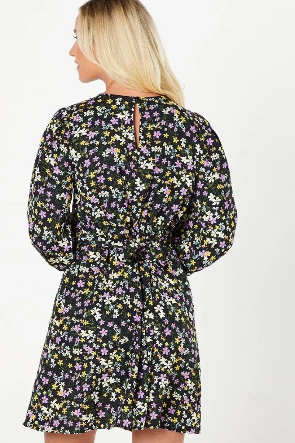 Black Ditsy Shirred Cuff Mini Dress