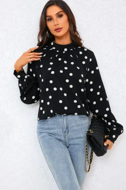 Black Dot Print Halter Neck Blouse Top In Black