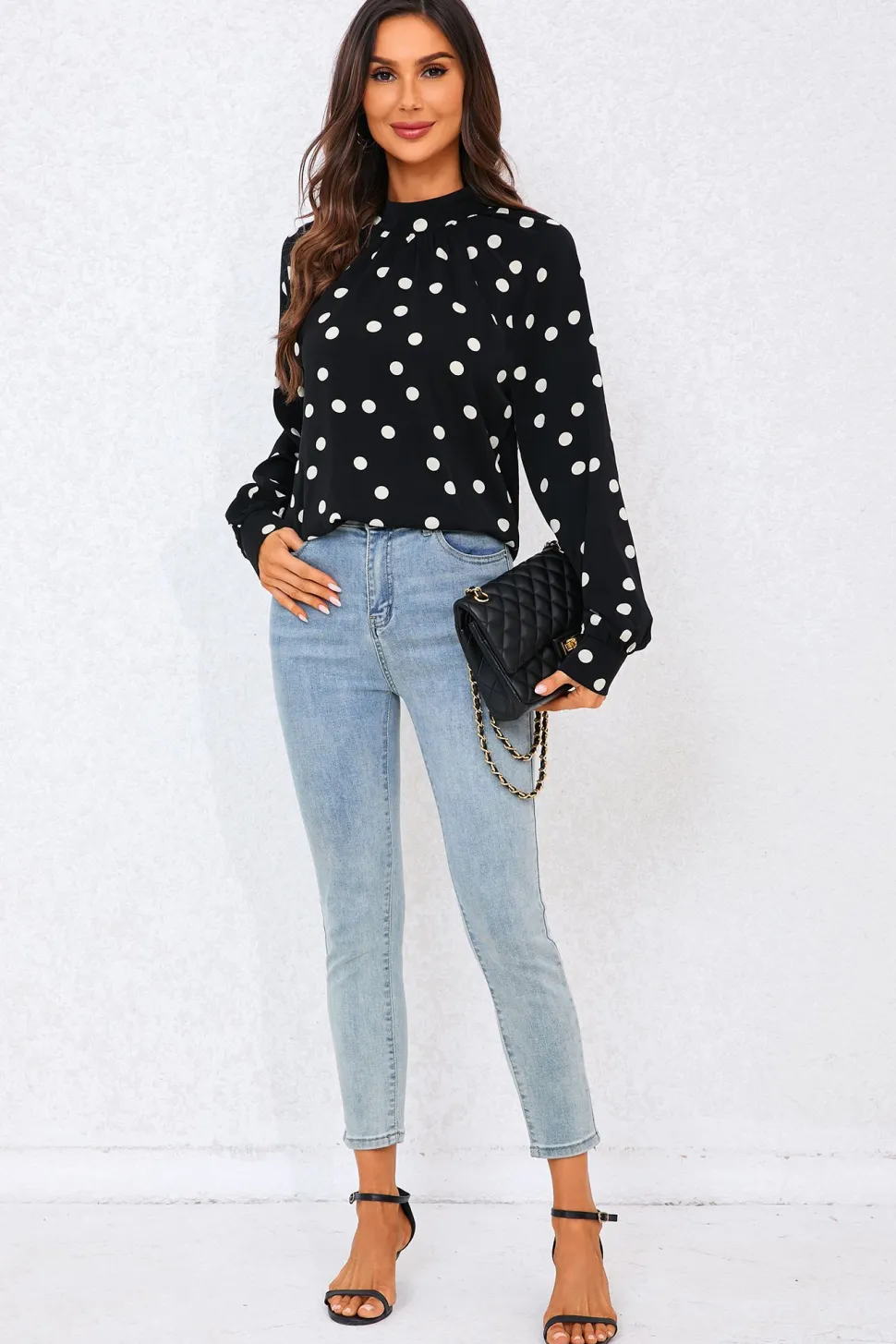 Black Dot Print Halter Neck Blouse Top In Black