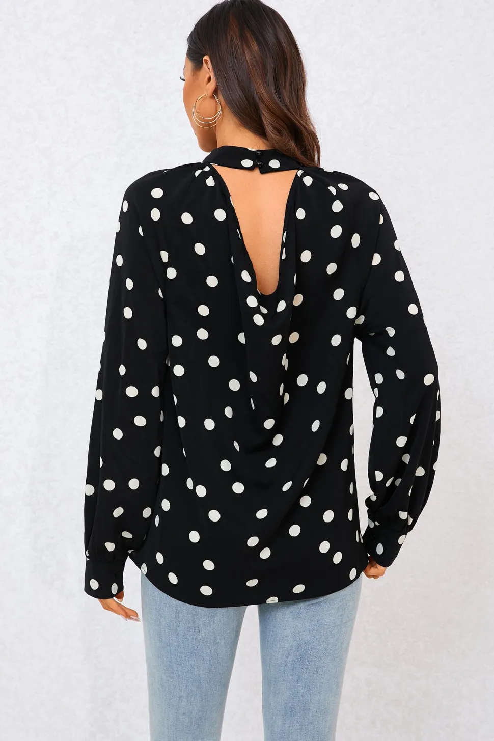 Black Dot Print Halter Neck Blouse Top In Black