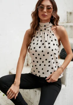 Black Dot Print Halter Neck Tie Back Top In Beige