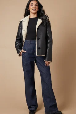 Black Faux Leather Button Detail Aviator Jacket