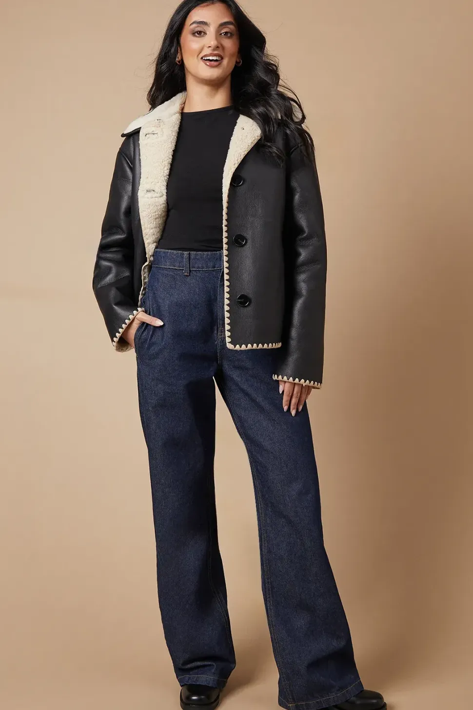 Black Faux Leather Button Detail Aviator Jacket
