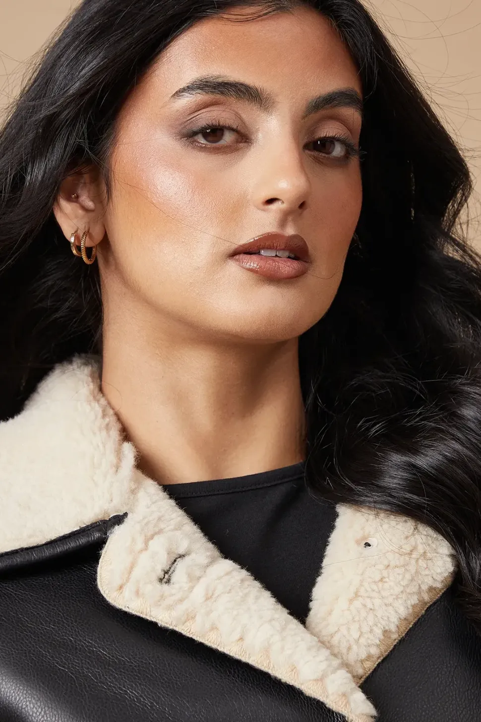 Black Faux Leather Button Detail Aviator Jacket