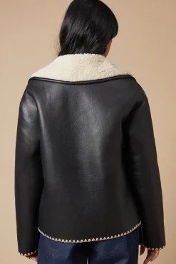 Black Faux Leather Button Detail Aviator Jacket