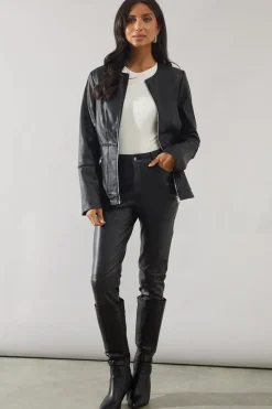 Black Faux Leather Collarless Seam Detail Jacket