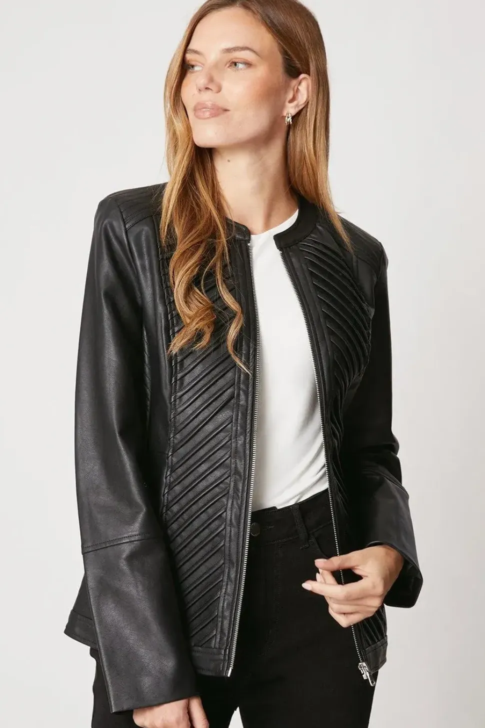 Black Faux Leather Pleat Detail Jacket