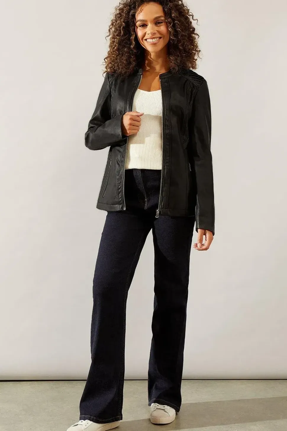 Black Faux Leather Stitch Detail Jacket
