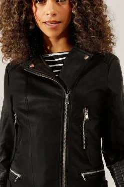 Black Faux Leather Tab Detail Biker Jacket