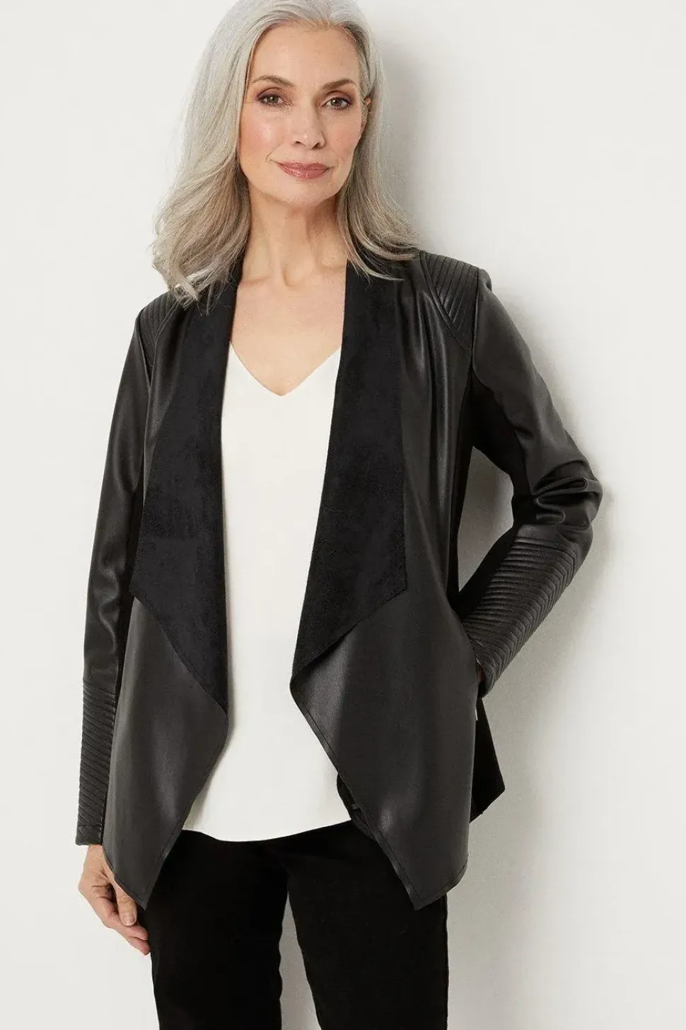Black Faux Leather Waterfall Jacket