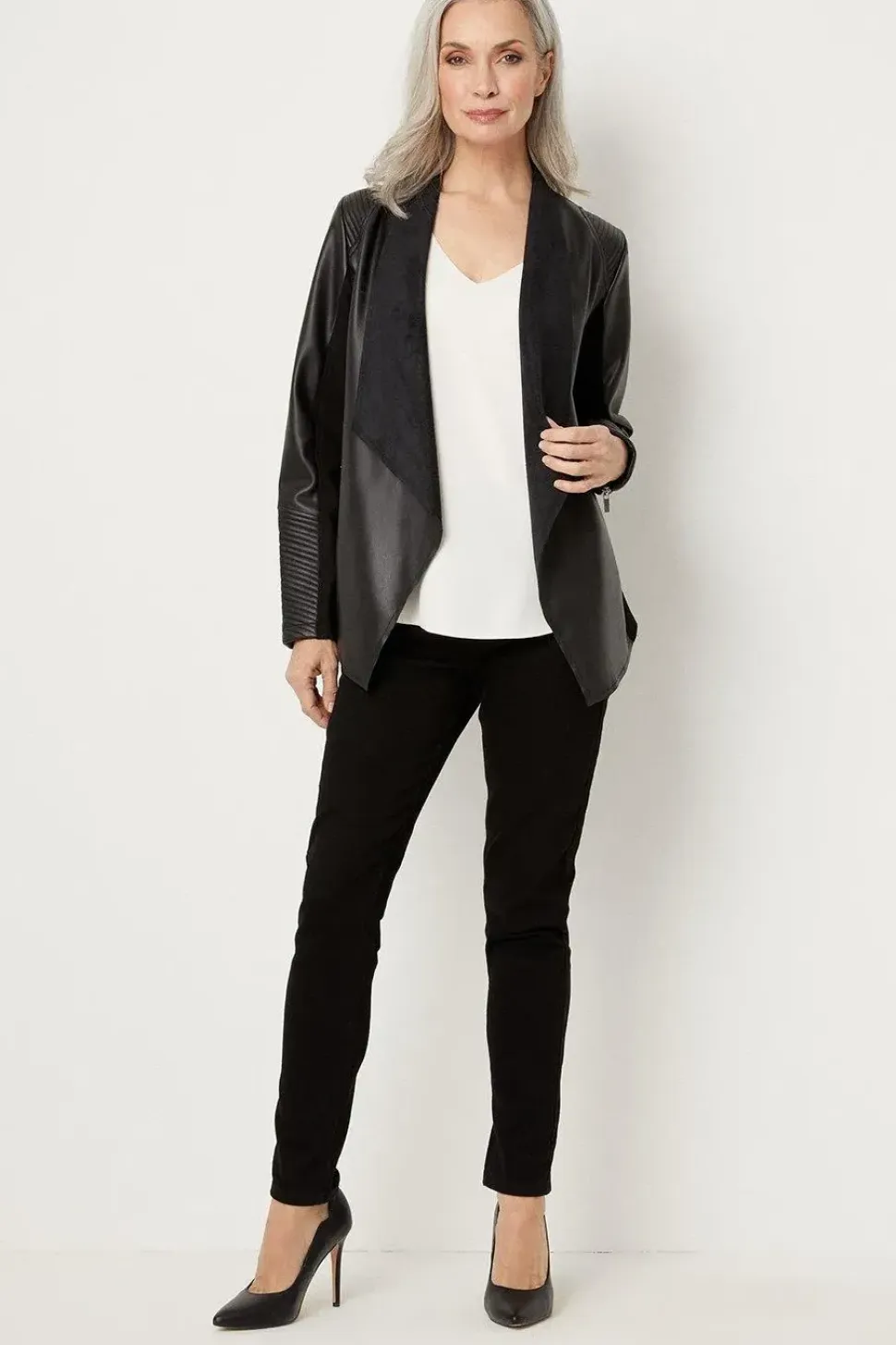 Black Faux Leather Waterfall Jacket