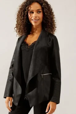Black Faux Leather Waterfall Jacket