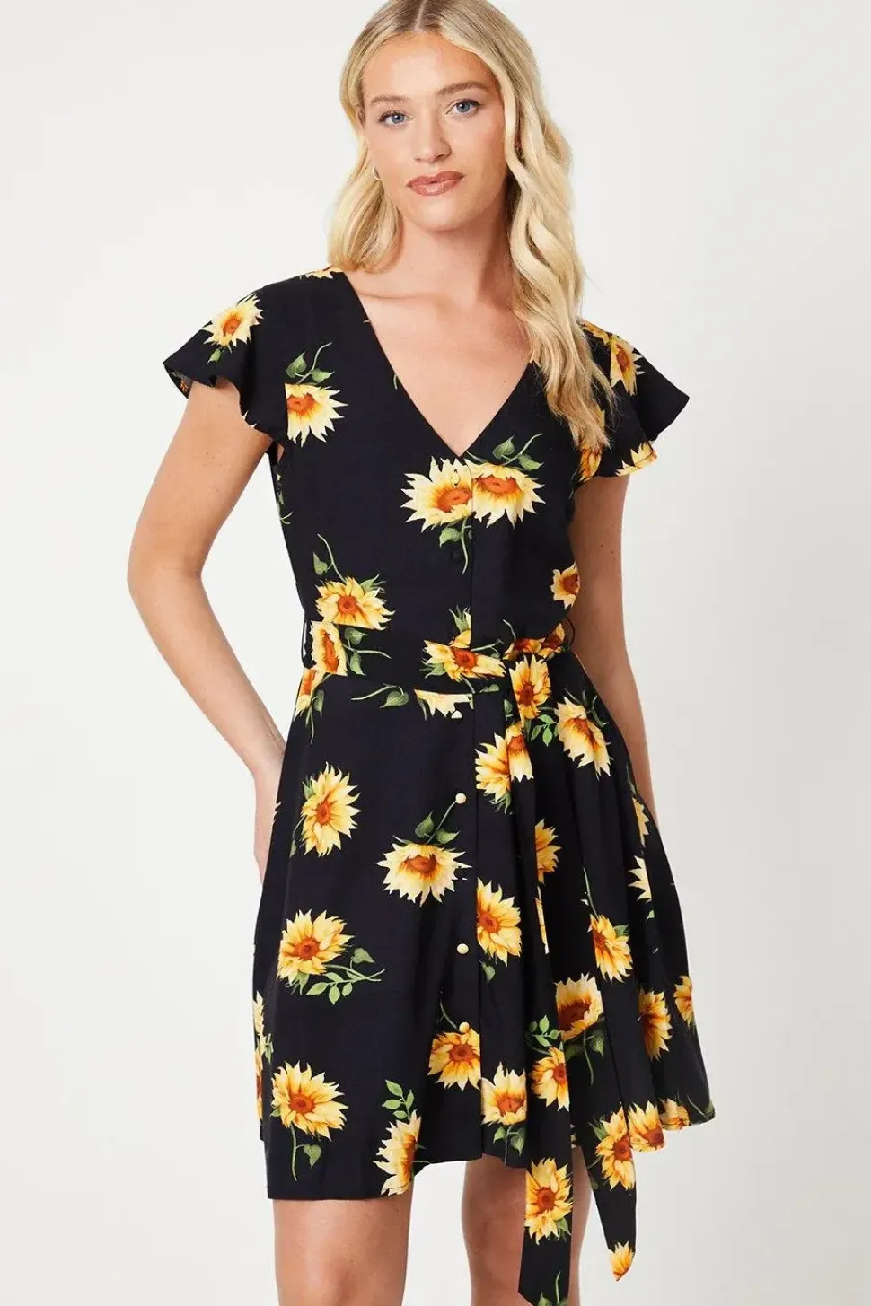 Black Floral Button Front Mini Dress