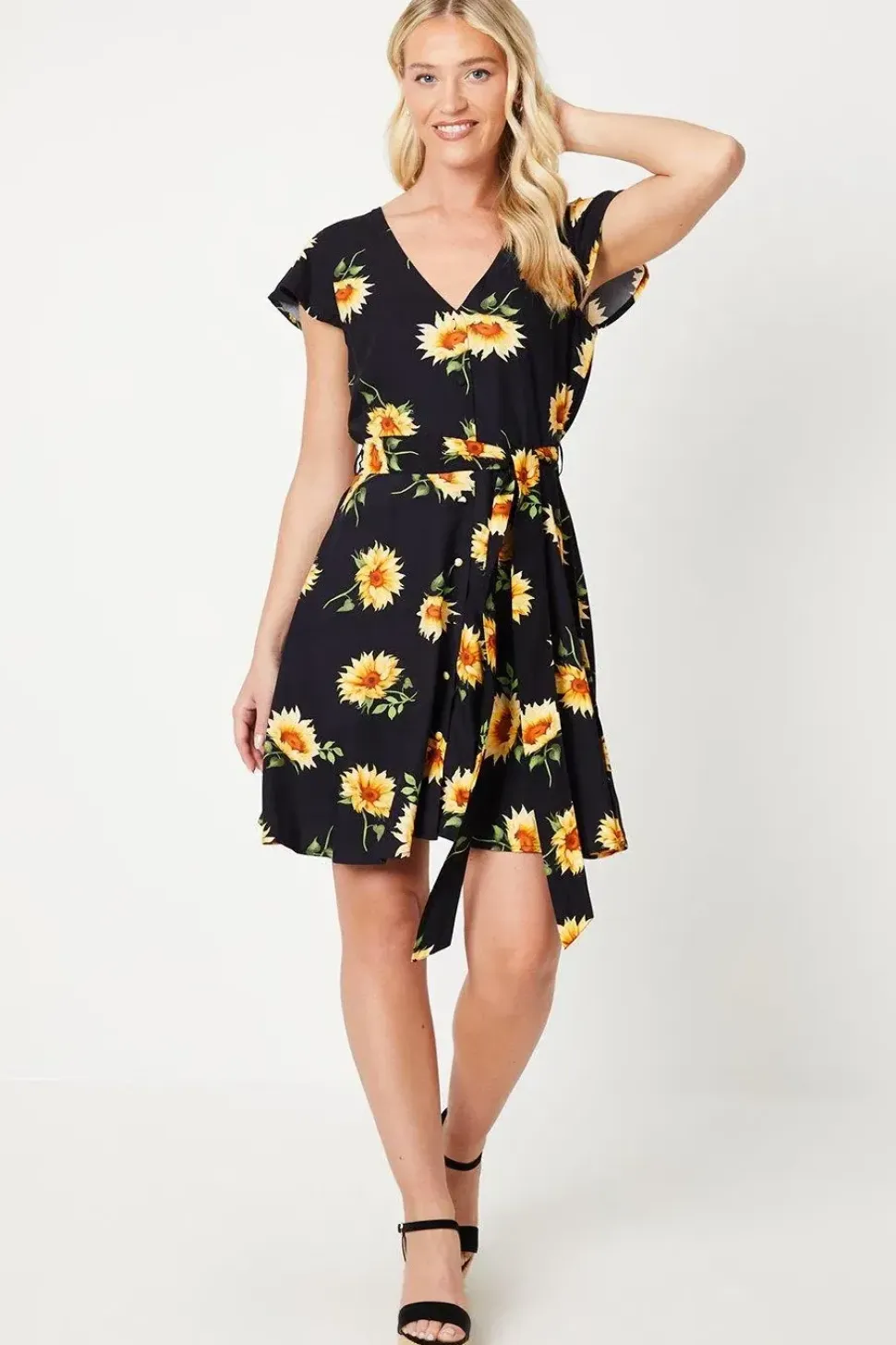 Black Floral Button Front Mini Dress