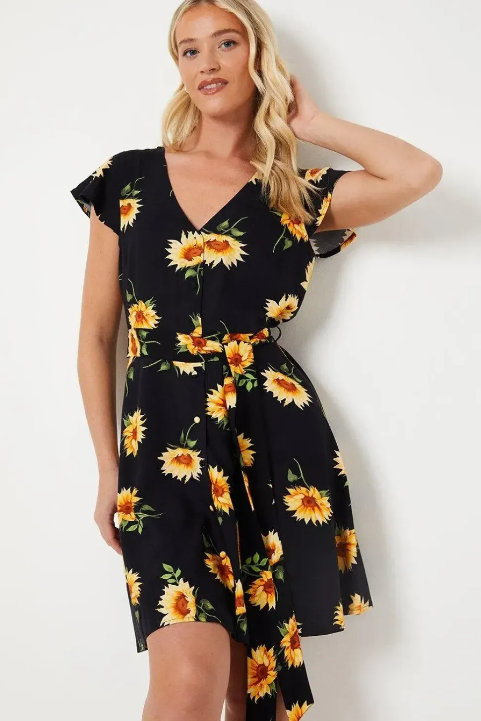 Black Floral Button Front Mini Dress