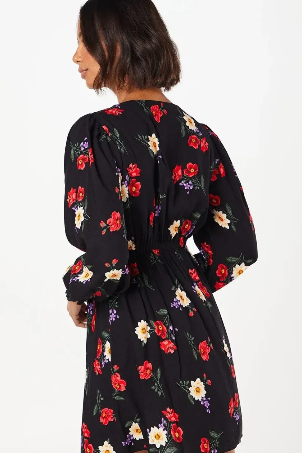 Black Floral Button Front Mini Dress