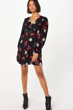 Black Floral Button Front Mini Dress