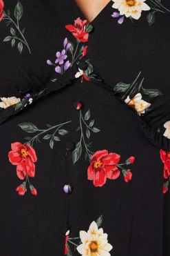 Black Floral Button Front Mini Dress