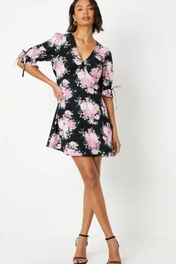 Black Floral Empire Tie Sleeve Mini Dress