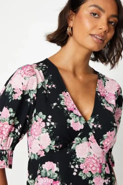 Black Floral Empire Tie Sleeve Mini Dress