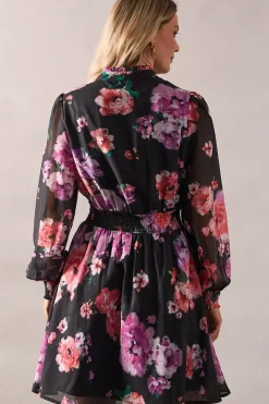 Black Floral Frill Detail Shirred Waist Midi Dress
