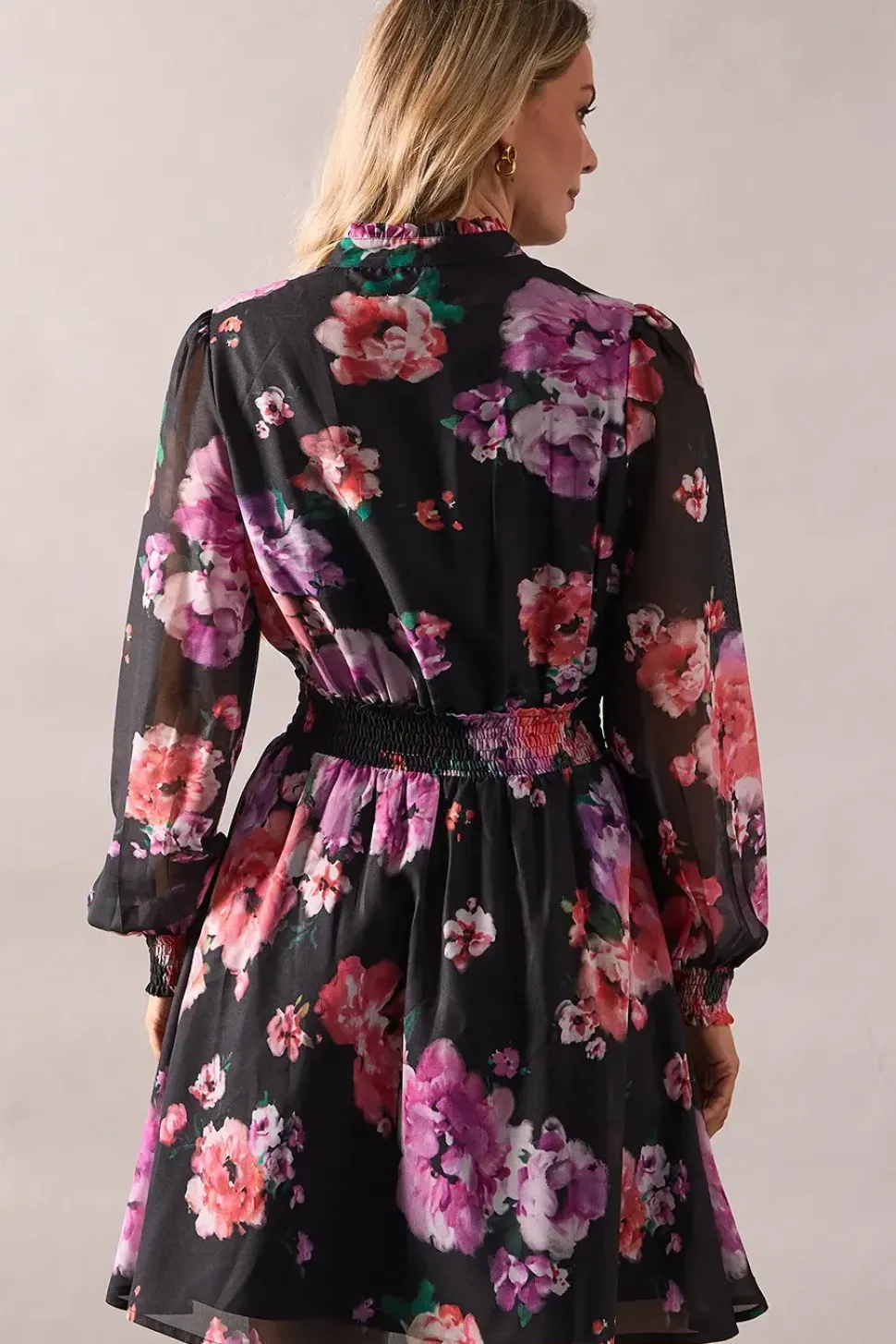 Black Floral Frill Detail Shirred Waist Midi Dress