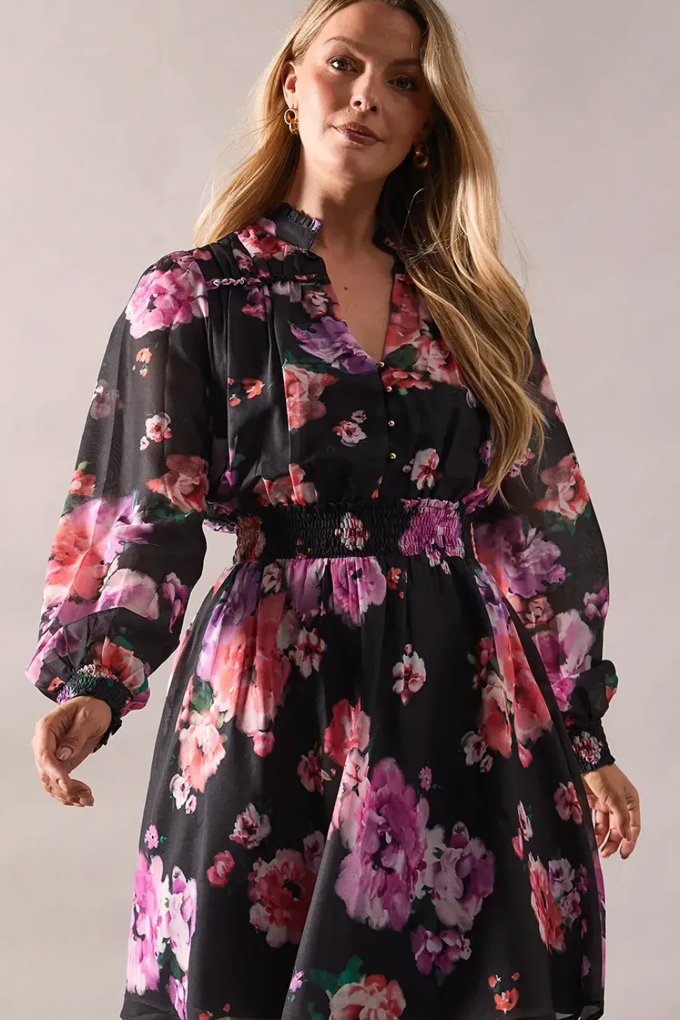 Black Floral Frill Detail Shirred Waist Midi Dress