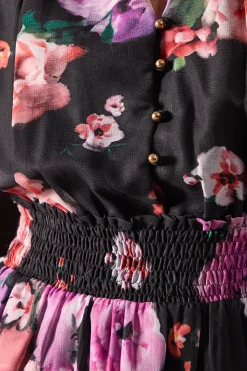 Black Floral Frill Detail Shirred Waist Midi Dress