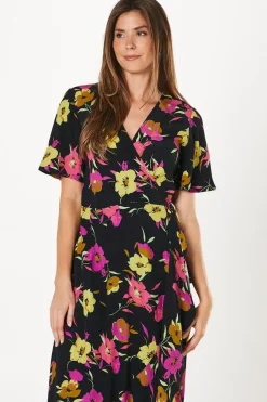Black Floral Frill Front Wrap Dress