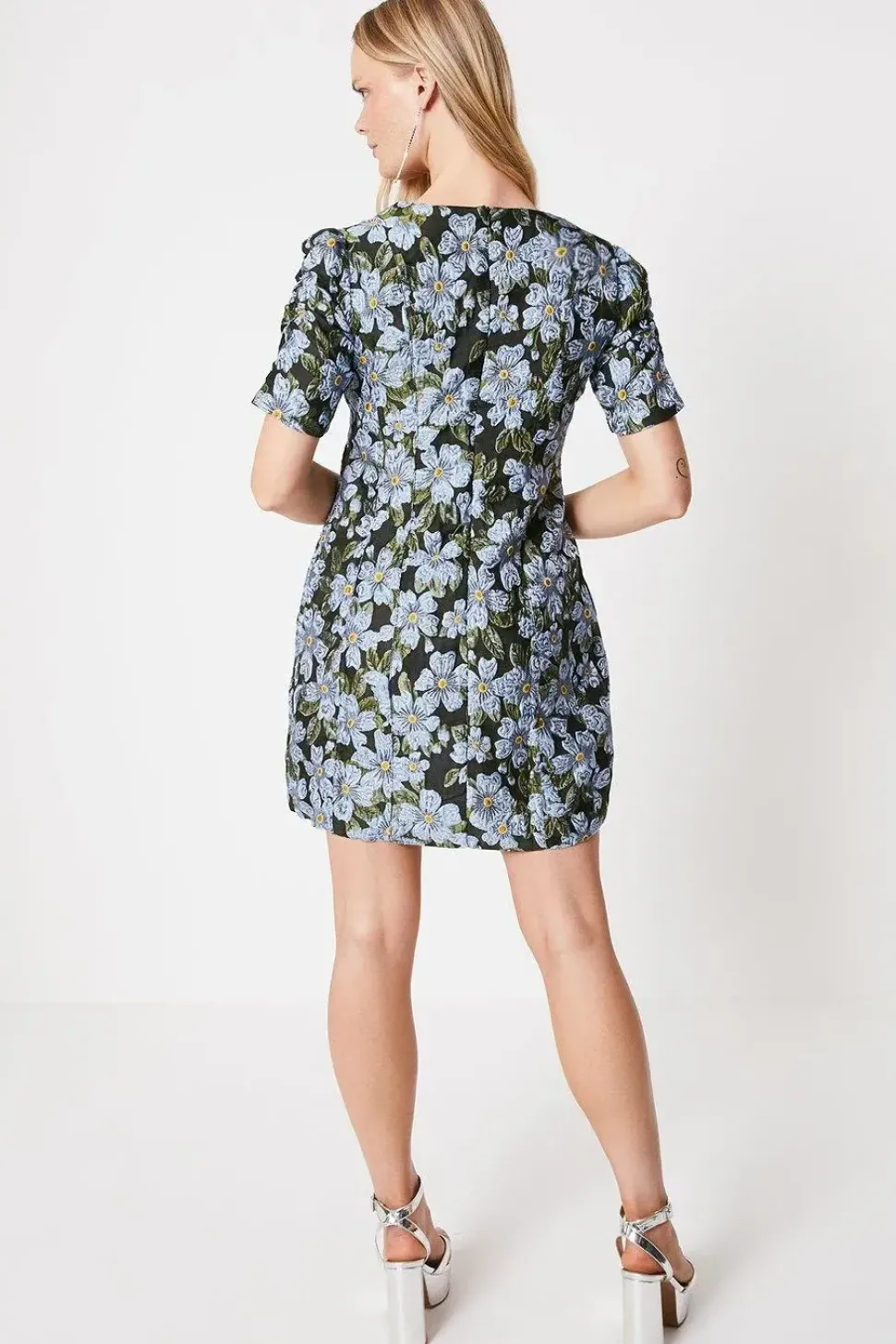 Black Floral Jacquard Puff Sleeve Mini Dress
