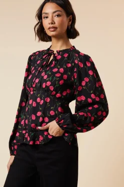 Black Floral Lace Trim Overhead Blouse