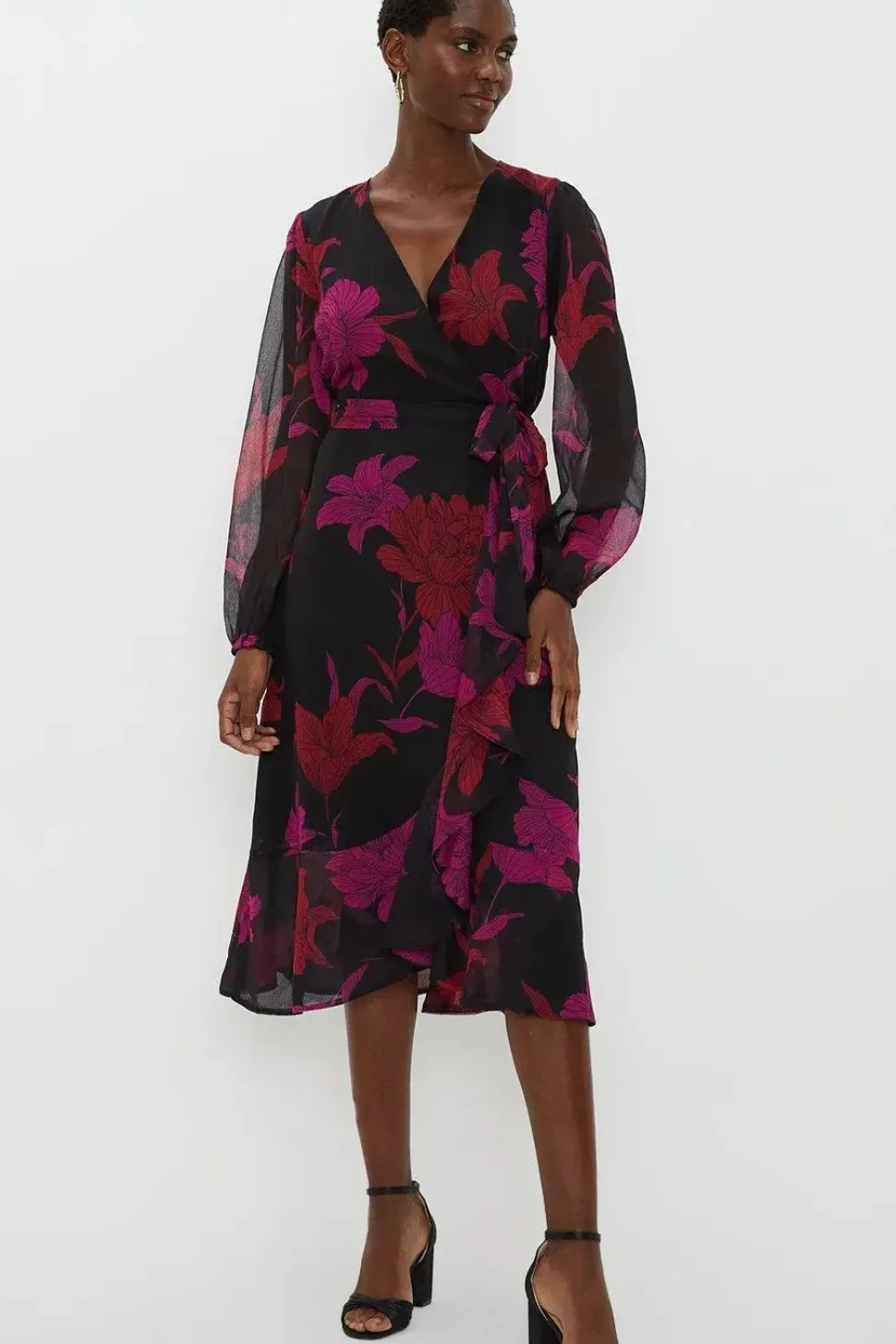 Black Floral Long Sleeved Tier Hem Wrap Dress