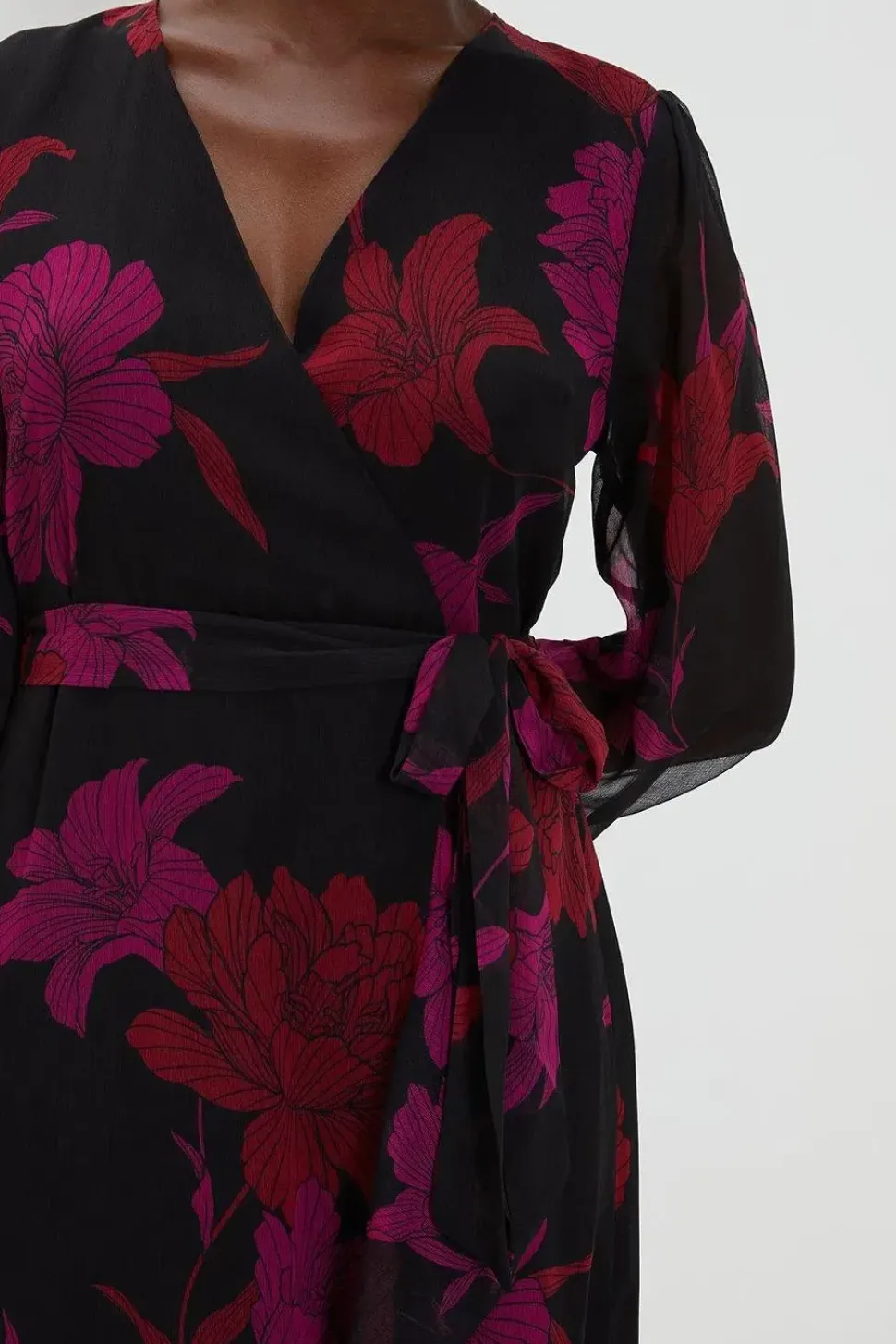 Black Floral Long Sleeved Tier Hem Wrap Dress