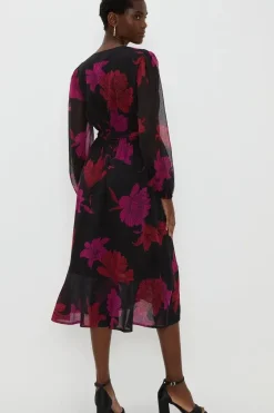 Black Floral Long Sleeved Tier Hem Wrap Dress