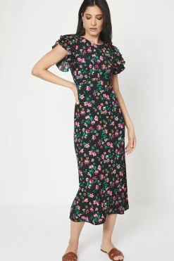 Black Floral Print Ruffle Sleeve Empire Midi Dress