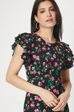 Black Floral Print Ruffle Sleeve Empire Midi Dress