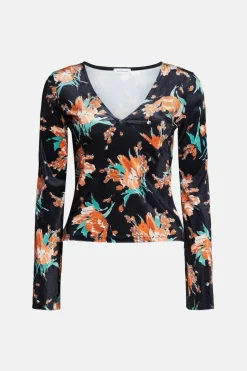 Black Floral Print Velvet Cut Out Corset Style Top
