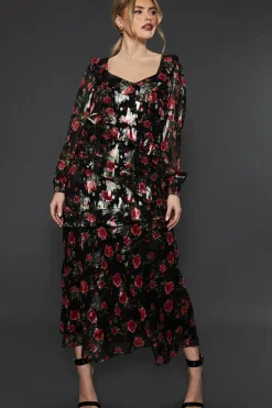 Black Floral Ruffle Long Sleeve Chiffon Metallic Midi Dress