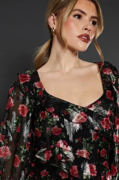 Black Floral Ruffle Long Sleeve Chiffon Metallic Midi Dress