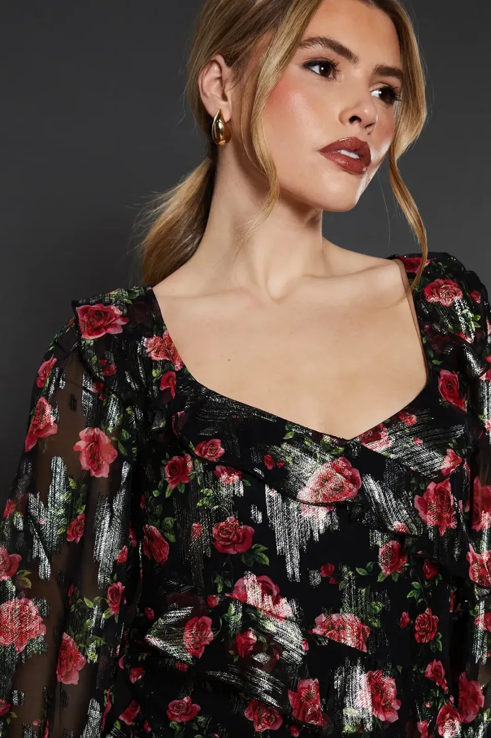 Black Floral Ruffle Long Sleeve Chiffon Metallic Midi Dress