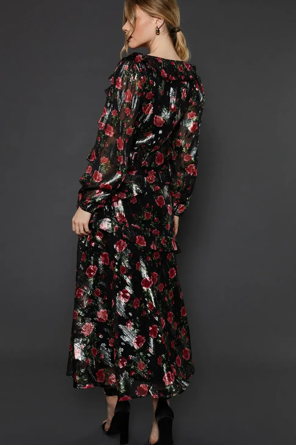 Black Floral Ruffle Long Sleeve Chiffon Metallic Midi Dress